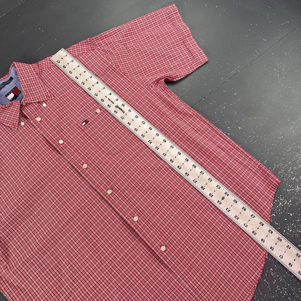 VTG Tommy Hilfiger Dress Shirt Mens Large Micro Check Red Black  Short Sleeve - Picture 5 of 6
